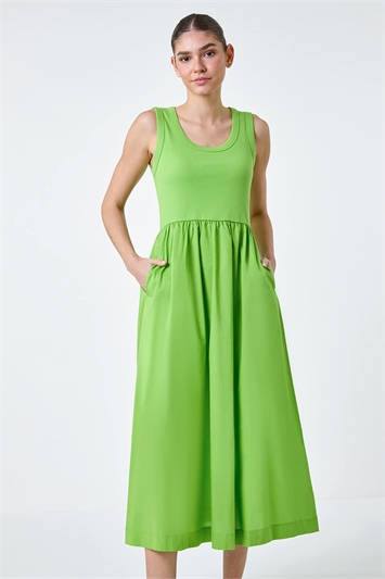 Green Cotton Stretch Jersey Mix Midi Dress