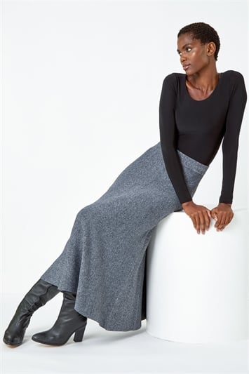 Grey Knitted Elastic Waist A Line Midi Skirt
