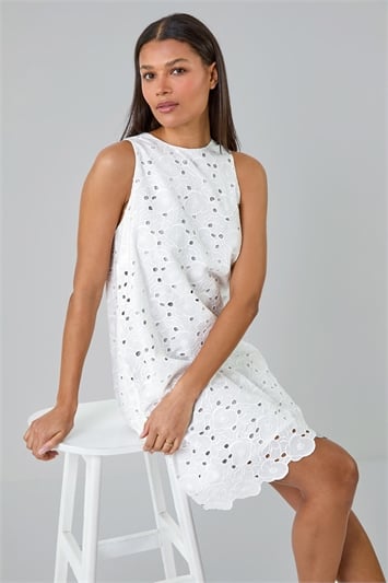 White Cotton Embroidery Detail Shift Dress