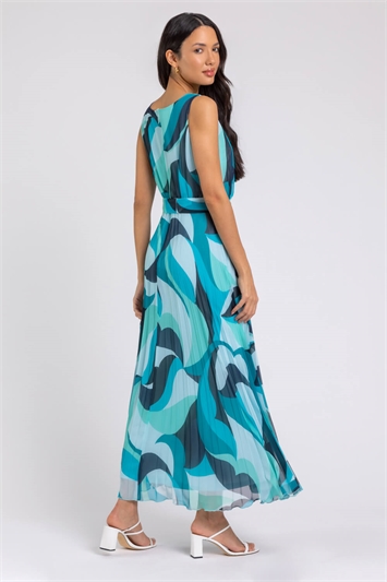 Turquoise Abstract Print Pleated Maxi Dress, Image 2 of 5