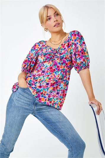 Blue Ditsy Floral Print Shirred Top