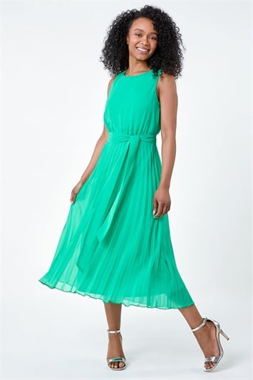 Green Petite Pleated Chiffon Midi Dress