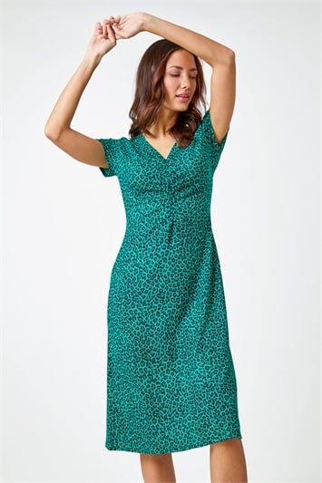 Green Leopard Print Ruched Midi Dress
