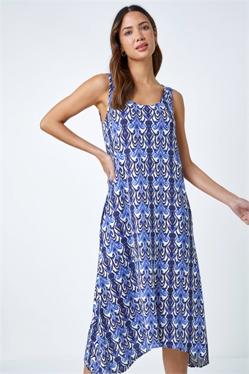 Blue Sleeveless Aztec Print Midi Stretch Dress