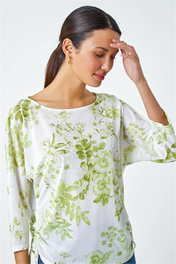 Green Floral Print Ruched Tie Detail Top