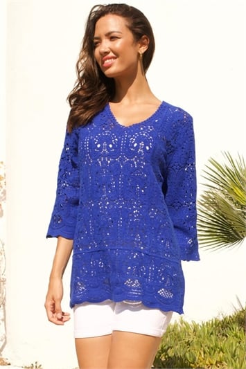 Blue Cotton Crochet Tunic Top
