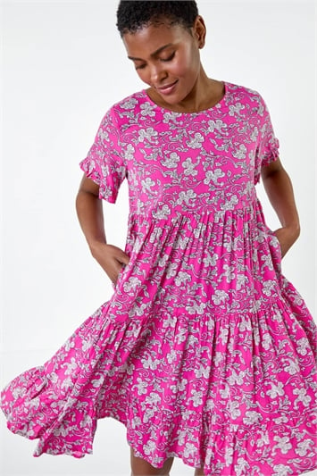Pink Ditsy Floral Print Tiered Smock Dress