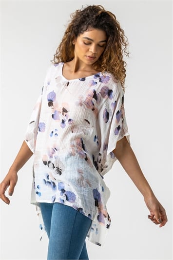 Blue Abstract Floral Print Tunic Top