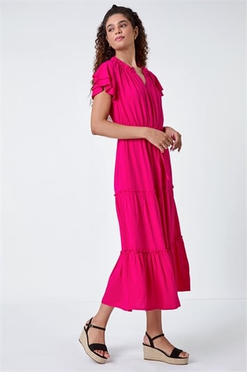 Pink Plain Frill Detail Tiered Midi Dress
