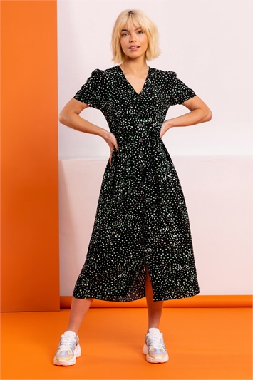 Green Ditsy Spot Print Button Down Dress, Image 3 of 5