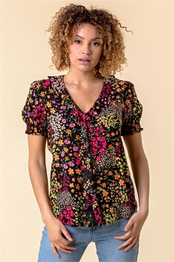 Multi Floral Print Frill Detail Blouse, Image 1 of 6