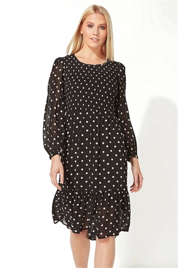 Shirred Bodice Polka Dot Dress in Black - Roman Originals UK