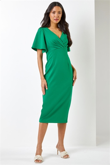 Green Gathered Wrap Front Midi Dress, Image 3 of 5