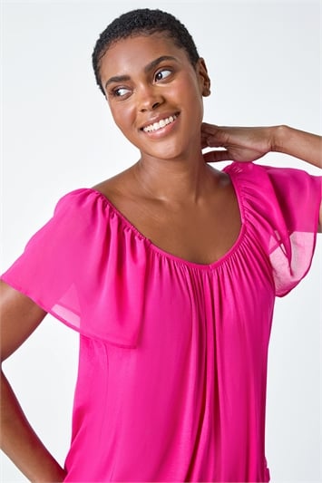 Pink Chiffon Sleeve V-Neck Stretch Jersey Top