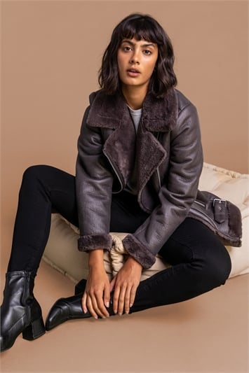 Faux Fur Lined Zip Detail Aviator Jacketand this?
