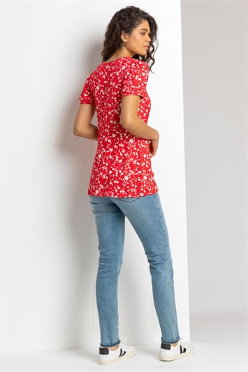 Red Ditsy Floral Print Stretch Top, Image 2 of 4