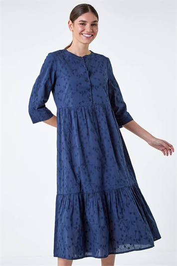 Blue Embroidered Tiered Cotton Midi Dress