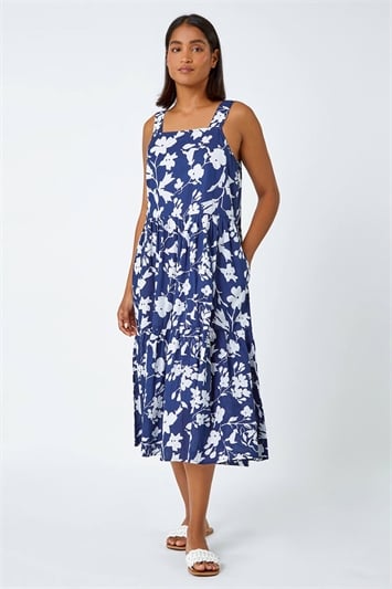 Blue Sleeveless Cotton Floral Midi Dress
