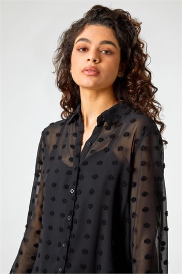 Black Textured Spot Button Up Blouse, Image 1 of 5