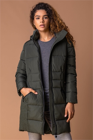 Olive Quilted Longline Hooded Coat