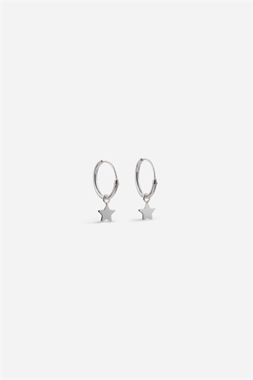 Metallic Sterling Silver Star Charm 12Mm Hoop Earrings
