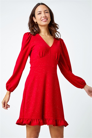 Red Frill Hem Glitter Dress