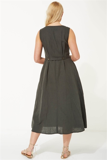 Button Through Linen Midi Dress in Khaki - Roman Originals UK