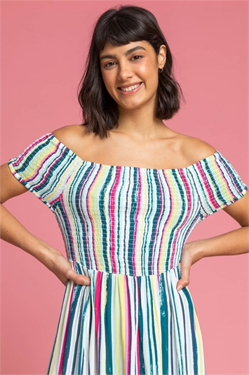 Multi Shirred Stripe Print Bardot Dress, Image 4 of 5