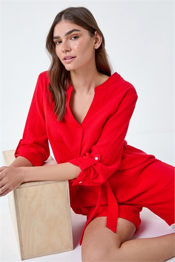 Red V-Neck Pleat Detail Cotton Top