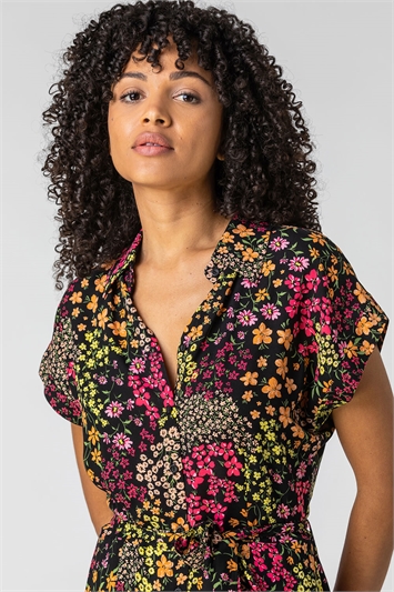 Multi Contrast Floral Print Shirt Dress, Image 4 of 5
