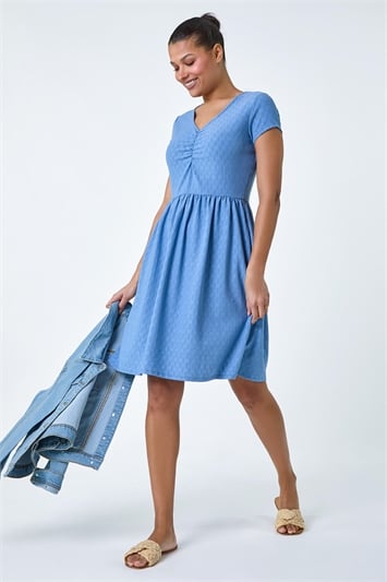 Blue Textured Ruched Stretch Jersey Dress