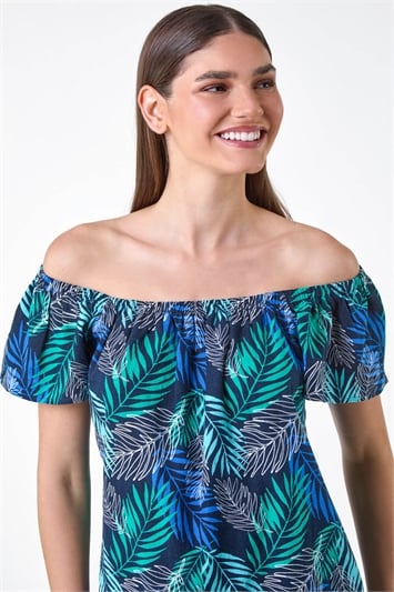 Blue Tropical Leaf Linen Blend Bardot Top