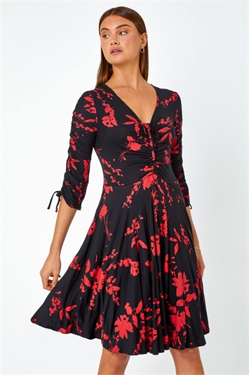 Red Floral Shadow Print Ruched Stretch Dress