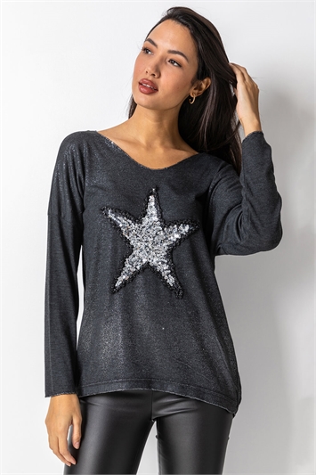 Charcoal Sequin Star Embellished Sweat Top