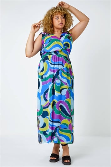 Purple Curve Abstract Shirred Stretch Maxi Dress