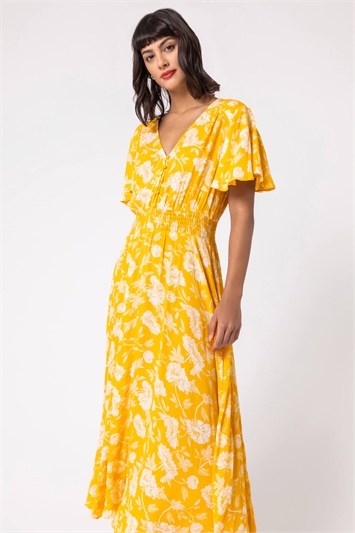 Light Yellow Floral Print Tiered Midi Dress, Image 3 of 5