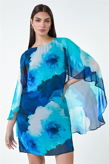 Blue Floral Print Chiffon Cape Shift Dress