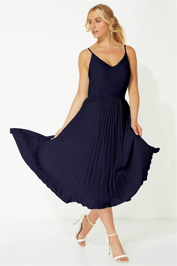 Navy Lace Top Overlay Pleated Midi Dress, Image 4 of 5