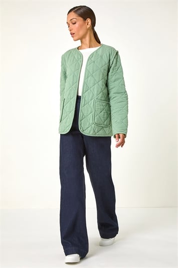 Green Floral Print Lining Cotton Quilted Jacket