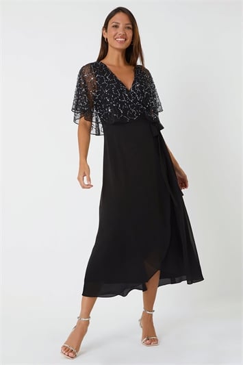 Black Sequin Embellished Chiffon Wrap Maxi Dress