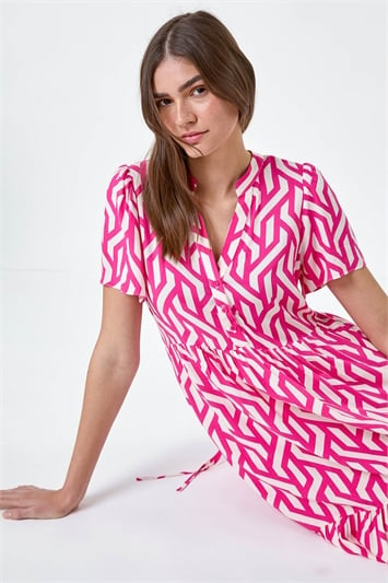 Pink Geometric Print Tiered Midi Dress