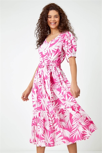 Pink Cotton Floral Print Tiered Midi Dress