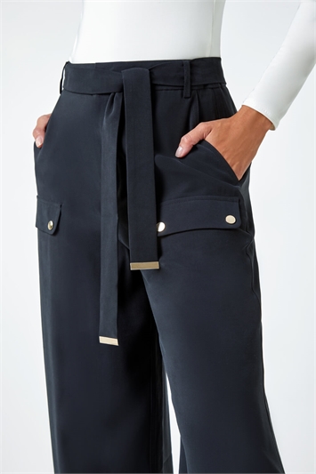 Black Wide Leg Belted Stretch Trousers