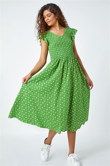 Green Frill Sleeve Spot Shirred Midi Dress