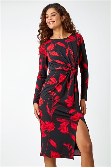 Red Floral Print Twist Detail Stretch Dress