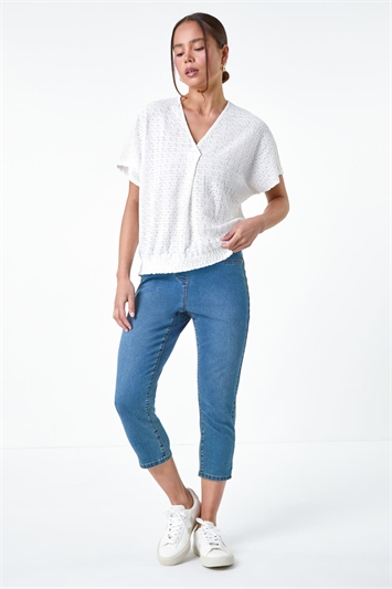 White Petite Textured Shirred Stretch Top