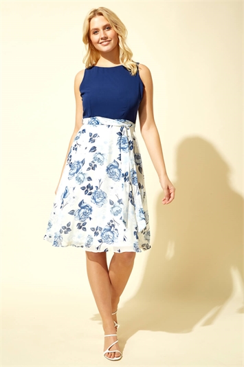 Blue Floral Print Chiffon Dress