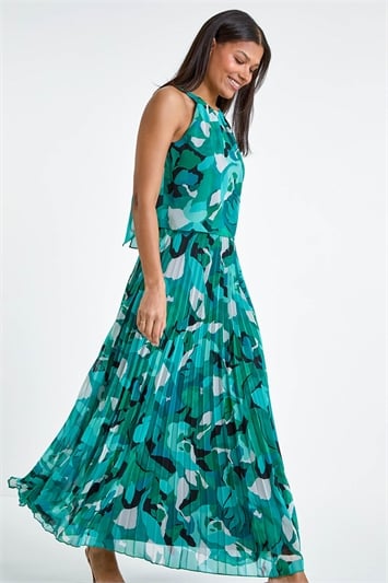 Blue Swirl Print Pleated Halterneck Maxi Dress