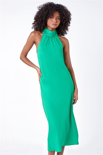 Green Plain Woven Halterneck Midi Dress