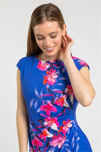 Blue Petite Floral Ruched Waist Dress, Image 4 of 4